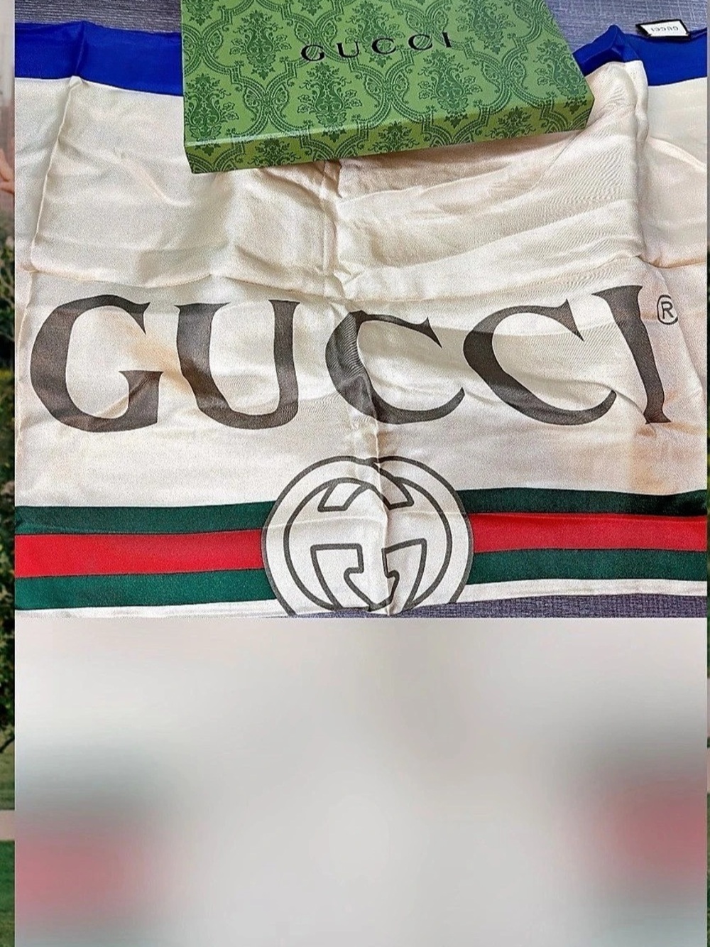 NWT Gucci Logo Scarf in Cream & Green, blue border.With COA 100% silk